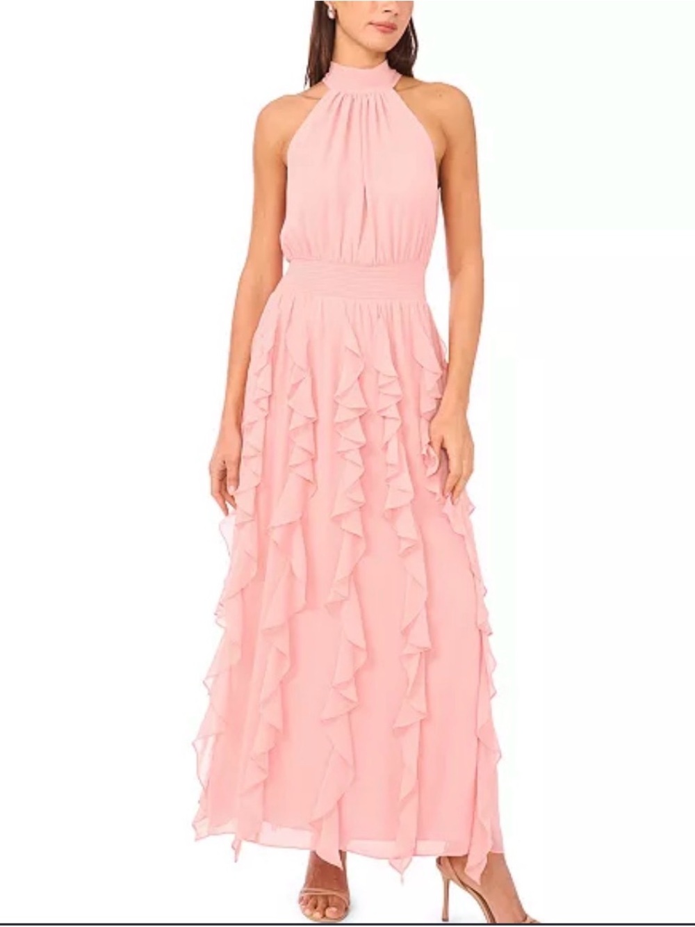 1.State Women’s Pink Smocked Cascade-Ruffle Halter Maxi Dress